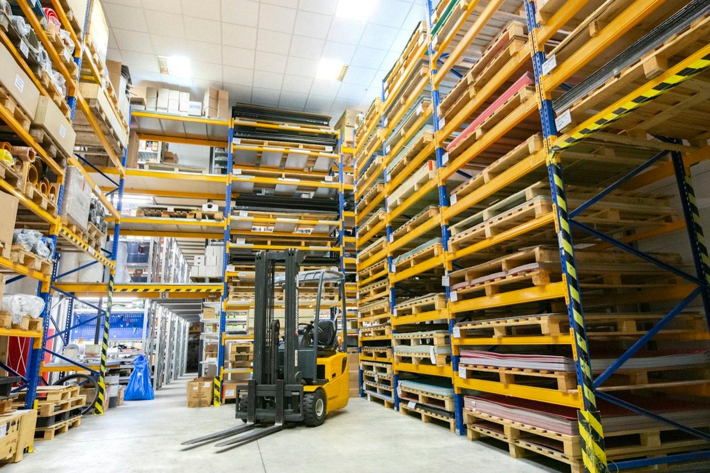 Pallet racking running the length of a distribution warehouse